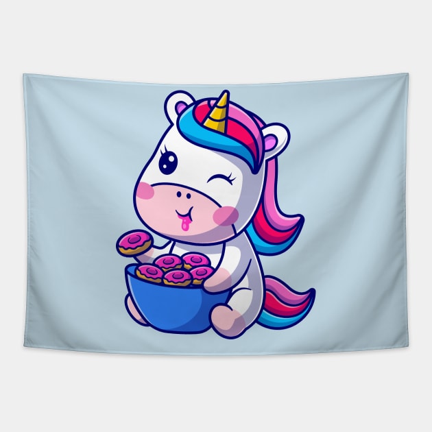 Cute Baby Unicorn Eating Donut Cartoon Tapestry by Catalyst Labs