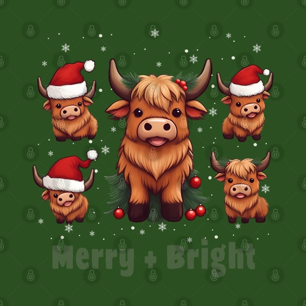 Cute Highland Cow Christmas Merry and Bright, Scottish, Cow Xmas Farmer, Christmas sweater with cute Highland Cow by Collagedream