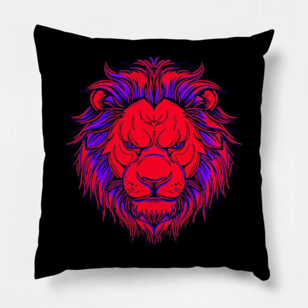 Bright red lion with blue mane Pillow by DaveDanchuk