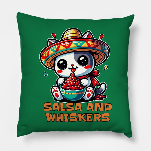 Salsa and Whiskers Cute Kawaii Cat Lover Pillow by Odetee