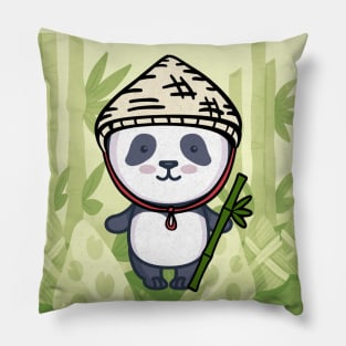 funny panda with bamboo in green panda bear Pillow