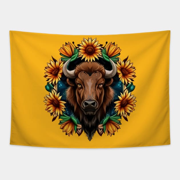 American Bison With Sunflower Wreath Kansas State Tattoo Art Tapestry by taiche