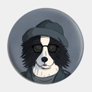 Detective border collie with hat and glasses Pin