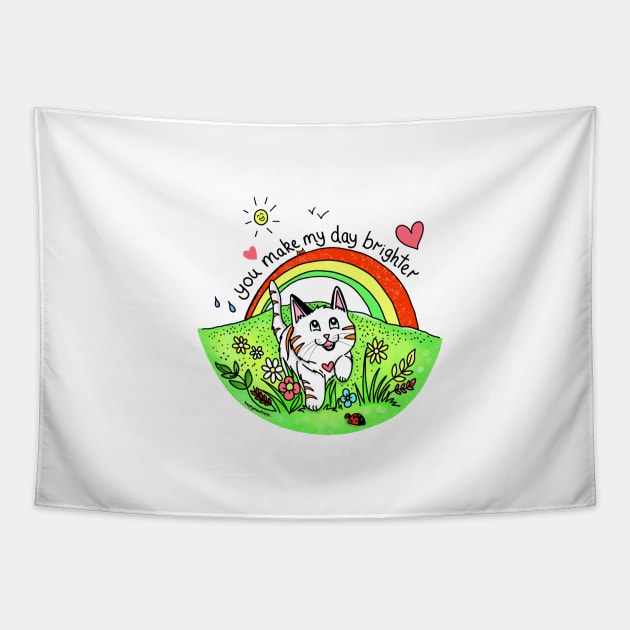 You make my day brighter - Cat running under a rainbow with cute message Tapestry by HappyPawtraits