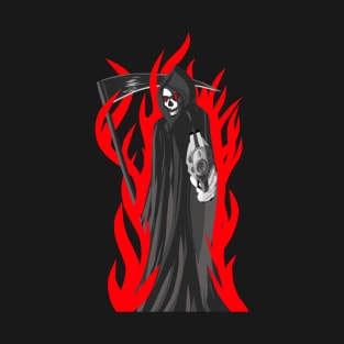 Grim Reaper On Fire Holdin Revolver T-Shirt