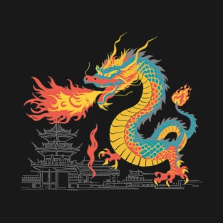 Colorful Chinese Dragon Unleashing Fire on Chinese City T-Shirt