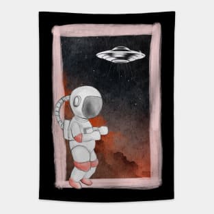 Floating astronaut Ufo alien abduction funny cute spaceship moon mars cosmic space Tapestry