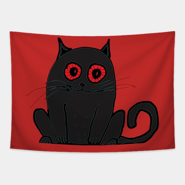 Anxious Sleepy Red Eyed Black Cat Halloween Design Tapestry by Blue Heart Design