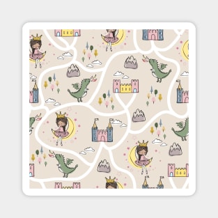 Childish seamless pattern with princess and dragon beige background Magnet