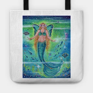 "Inner Peace mermaid" with tropical fish in the ocean copyright Renee L Lavoie Tote