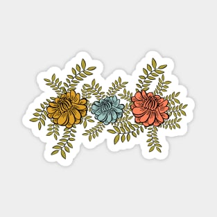 Hand-Drawn Camellia Flowers on Intertwined Vines in Mustard, Blue, and Salmon Hues Magnet