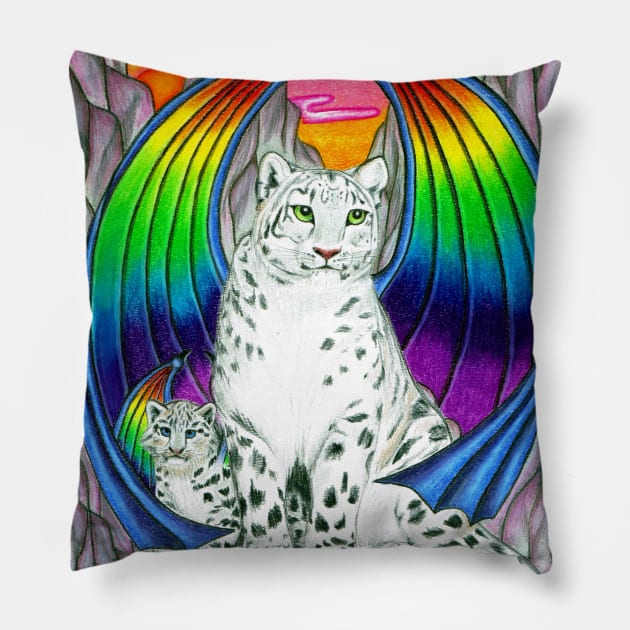 Snow leopards with rainbow wings Pillow by MelanieJeyakkumar