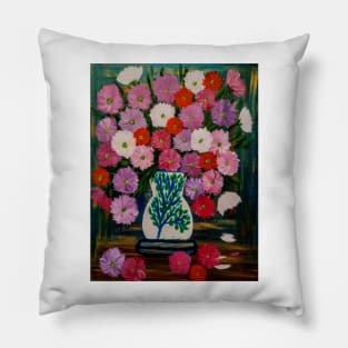 A beautiful bouquet of mixed flowers in a white vase with a tree painted on it Pillow