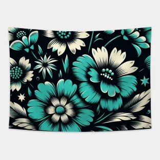 Turquoise Floral Illustration Tapestry