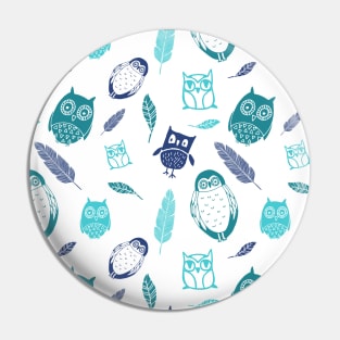 Blue teal owls and feathers Pattern Pin