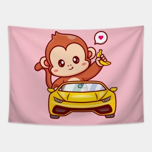 Cute Monkey Driving Car And Holding Banana Cartoon Tapestry