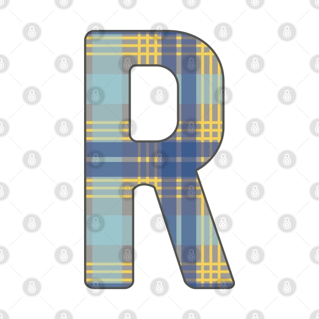 Monogram Letter R, Blue, Yellow and Grey Scottish Tartan Style Typography Design by MacPean