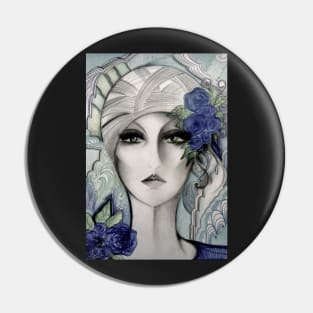 PALE BLUE GREY 70S GIRL IN TURBAN DRAWING Pin