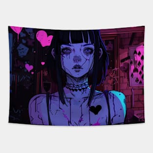 Cyberpunk Girl Pink Hearts Tapestry