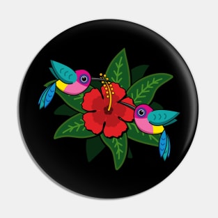 Cute Hummingsbirds on Hibiscus Flower Cartoon Pin