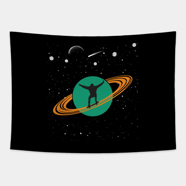 Skateboarder In Saturn Solar System Retro Vintage Space Skateboarding Tapestry by mrsmitful01