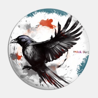 Flying Watercolor Crow Pin