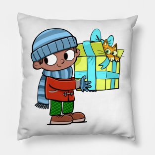 boy is holding a gift with a cat peeking out from it Pillow