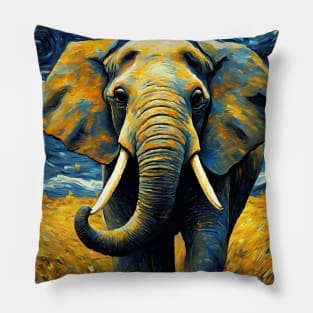 Elephant Animal Painting in a Van Gogh Starry Night Art Style Pillow