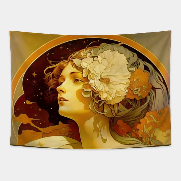 Girl In Space Vintage Art Nouveau Alphonse Mucha Inspired Design Tapestry by entwithanaxe