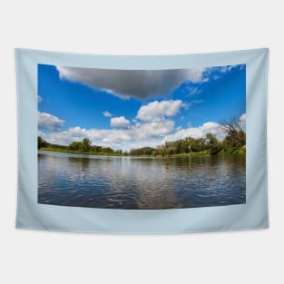 Blue cloudy summer sky over Bug river, Poland, Europe Tapestry