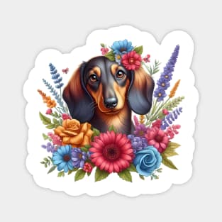 A dachshund with beautiful colorful flowers Magnet