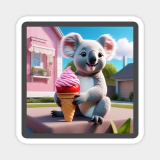 A Koala Bear Eating Strawberry Ice Cream Outside A House Made Of Strawberry Ice Cream Magnet