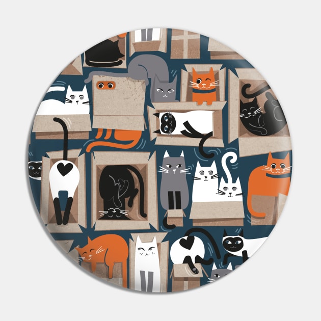 Purfect feline architecture // teal background cute cats in cardboard boxes Pin by SelmaCardoso