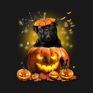 Black Pug Spooky Halloween Pumpkin Dog Head T-Shirt