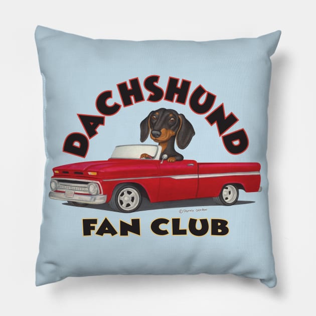 Fun awesome classic Doxie Black Dachshund in Classic Red Truck Pillow by Danny Gordon Art