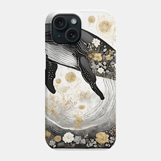 Whale in a Sea of Flowers - Black and White Illustration Phone Case