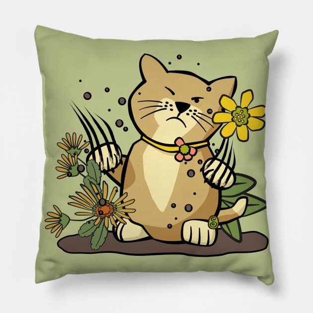 Angry Cat in Flower Garden Pillow by Sue Cervenka