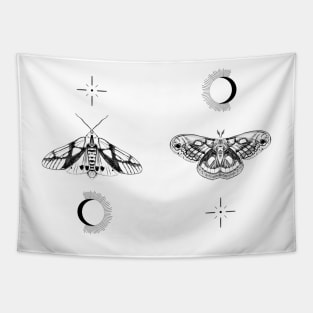 Moths with moon and sun Tapestry