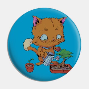 Orange Cat Watering a Bonsai Tree and Plants Pin