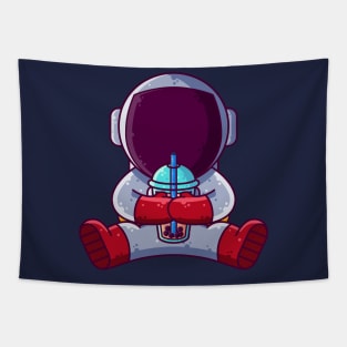 Cute Astronaut Drinking Boba Cartoon Tapestry