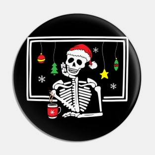 Christmas Skeleton With Smiling Skull Drinking Coffee Latte Pin