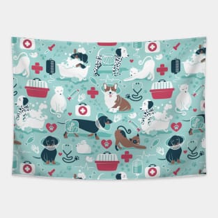 Veterinary medicine, happy and healthy friends // pattern // aqua background red details navy blue white and brown cats dogs and other animals Tapestry