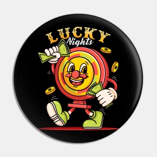 Lucky night. Gambling machine mascot character carrying money Pin