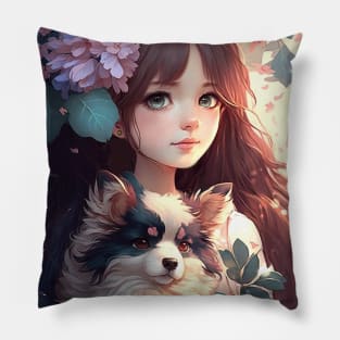 Cute Floral Anime girl With Her Dog Pillow