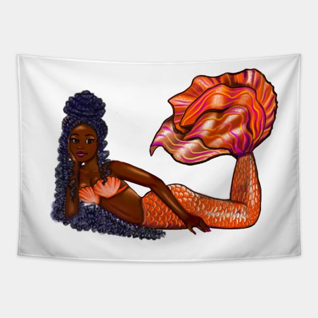 Cute Mermaid in Orange with long Afro hair in dreadlocks ocean sea life Melanin queen African American mermaids Tapestry by Artonmytee