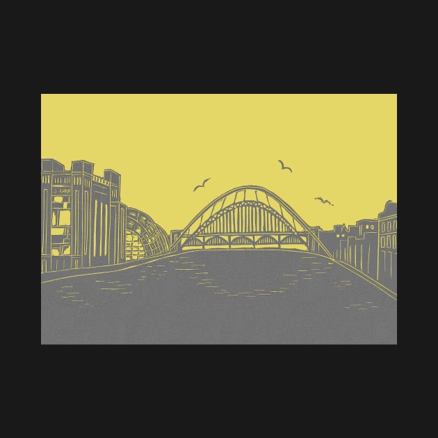 Tyne Bridge and Bridges of NewcastleGateshead Quayside Linocut in Yellow and Grey by Maddybennettart