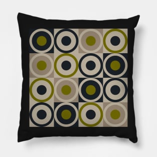 Retro Square and Circle Tile Olive Black and Cream Pillow