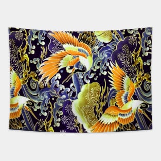 YELLOW ORANGE FLYING CRANES ,FLOWERS, SEA WAVES RED NAVY BLUE FLORAL Tapestry