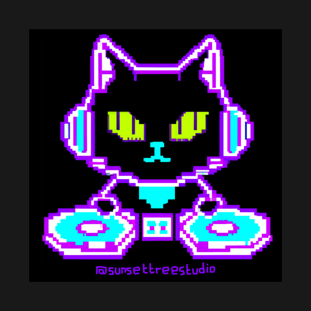Neon Pixel Cat DJ by Sunsettreestudio