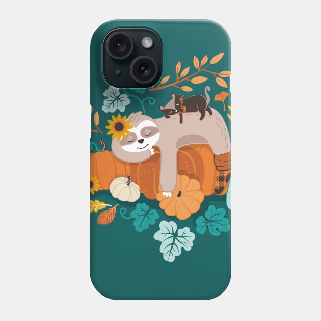 Sloths in pumpkin mood // spot // green background orange teal and aqua autumnal pumpkins fall leaves shepherd’s check yellow sunflowers Phone Case by SelmaCardoso